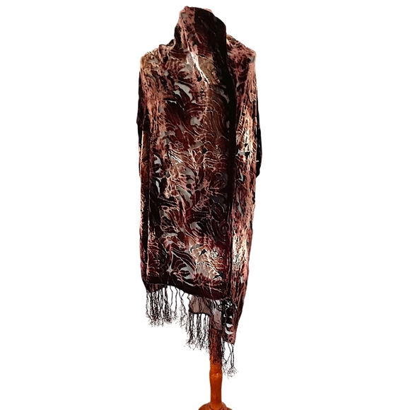 Vtg Silk Velvet Burnout Piano Shawl Scarf Brown Ombre Bohemian Witchy Victorian - Picture 2 of 16
